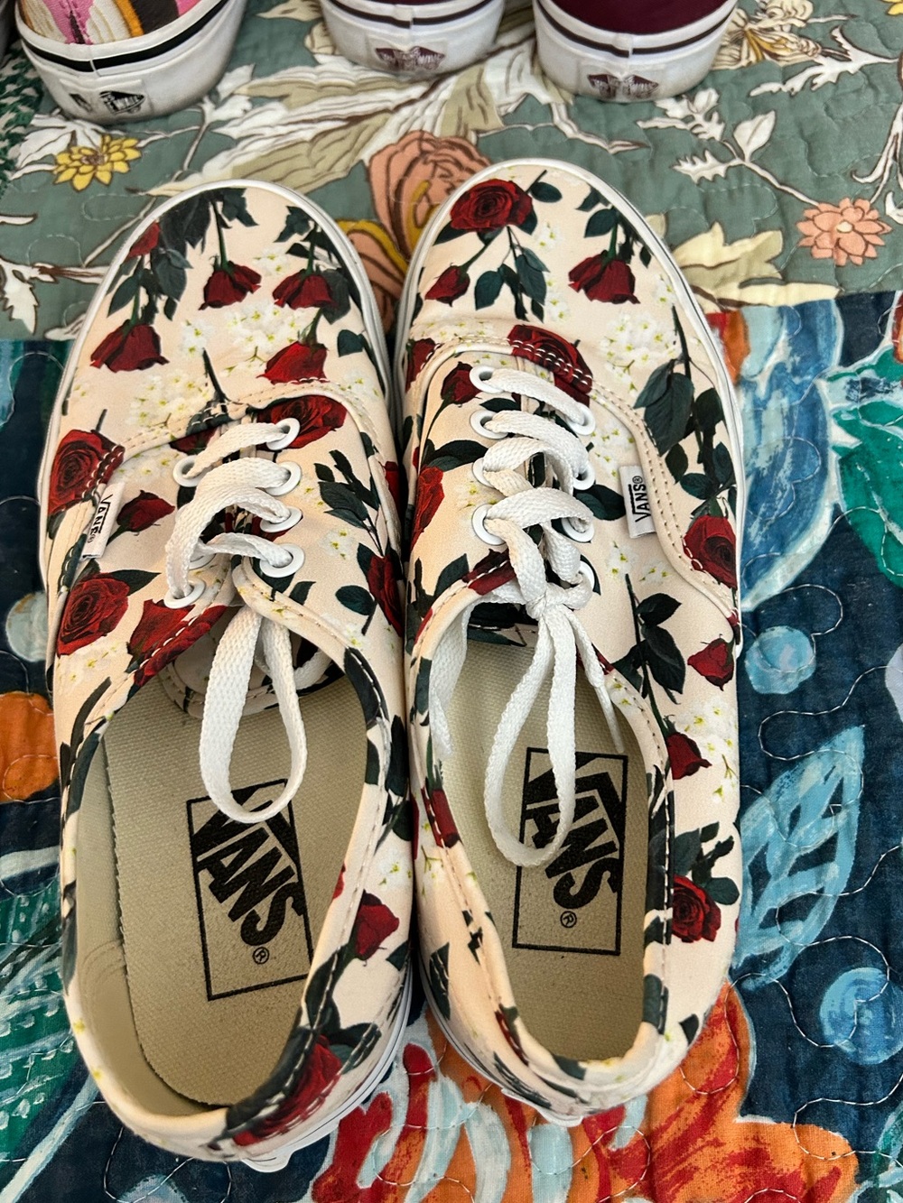 Vans Women’s Rose Print Canvas Sneakers - White with Red Roses